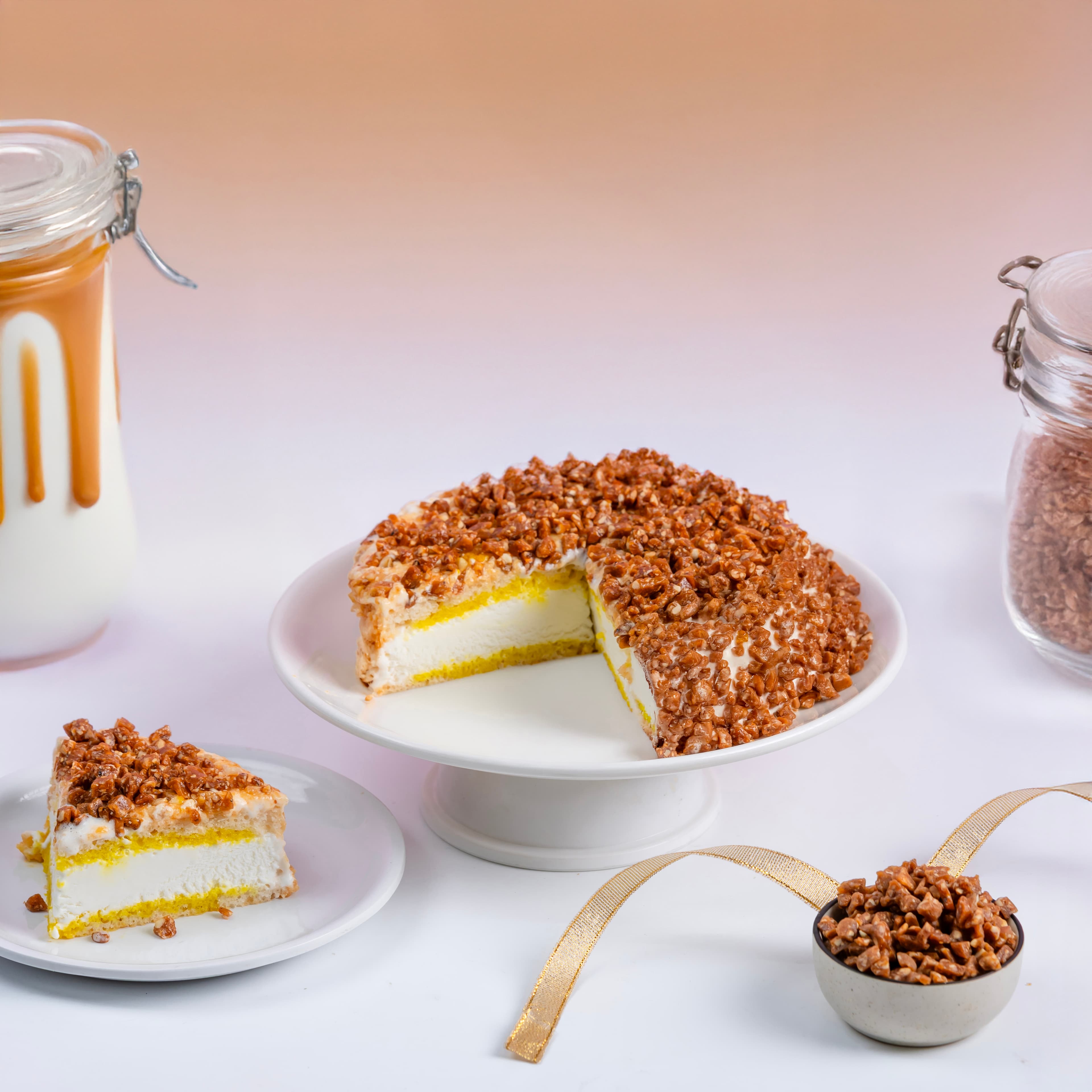 Ice cream cake topped with butterscotch crunch