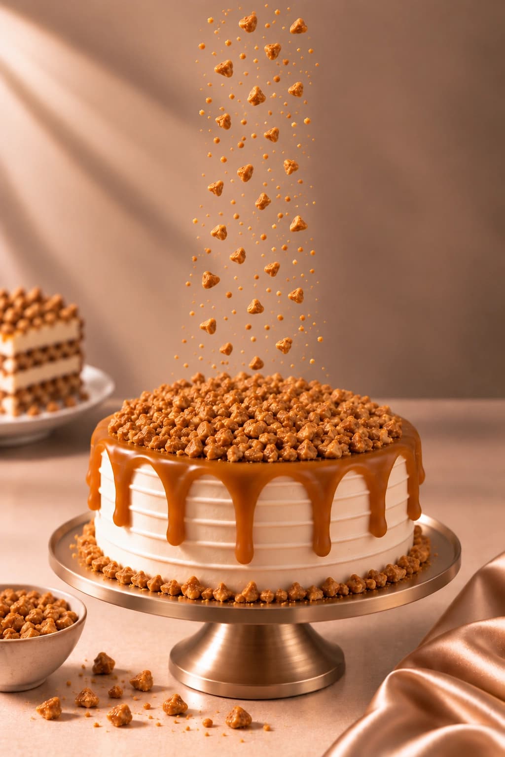 Ice cream cake topped with butterscotch crunch